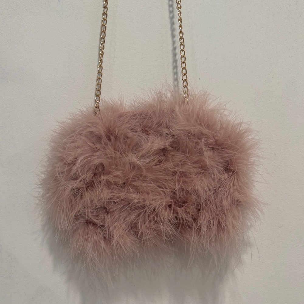 Elegant Blush Faux Fur Shoulder Bag with gold long chain